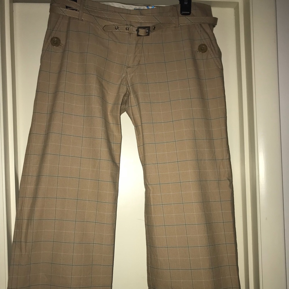 Tan and blue pinstriped capri wide leg pants.